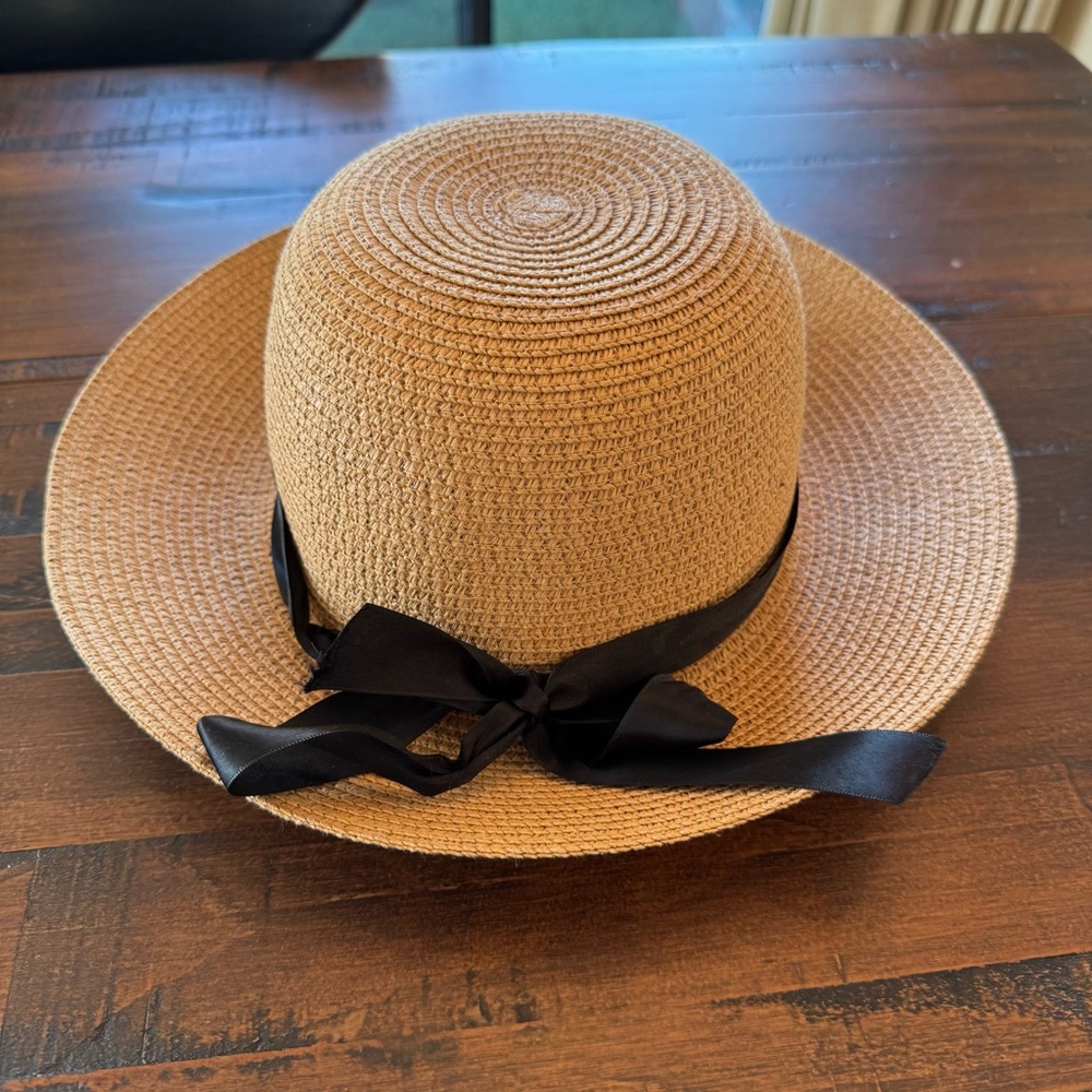 Wide Brim Straw Sun Hat with Black Ribbon